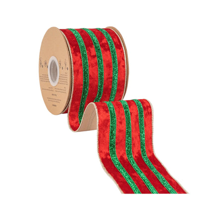 Classic Christmas red-green striped velvet ribbon with gold lining, suited for Xmas tree trimming and home accents.