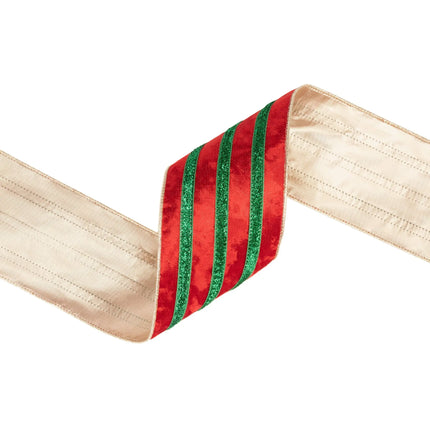 4-inch wired red velvet ribbon with vibrant green metallic stripes and gold backing for floral arrangements.
