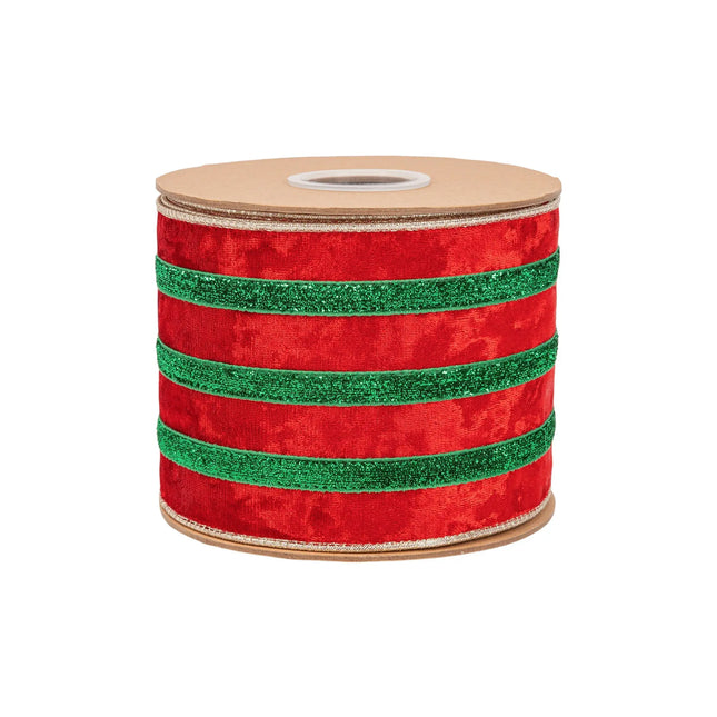 Red velvet wired ribbon with sparkling green metallic trim, 4-inch width for festive handmade gift bows.