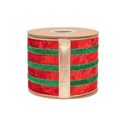 4" wired velvet ribbon featuring red base, green glitter banding and gold backing for holiday DIY craft projects.