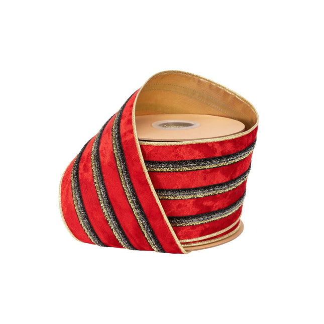 4" wired red velvet ribbon with black gold metallic stripes and gold backing, ideal for luxury Christmas wreath decor.