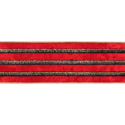 Bold striped red velvet wired ribbon with black gold metallic edging and gold backing for winter party ornament making.