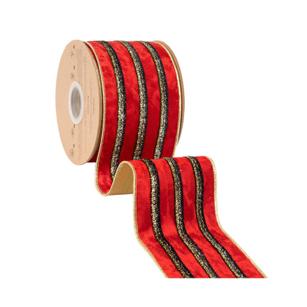 Festive red velvet ribbon with metallic black gold stripe detail and gold lining, suited for Christmas projects.