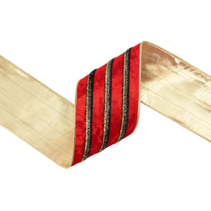 4-inch wired decorative red velvet ribbon with black gold trim and gold backing for upscale home festive embellishments.