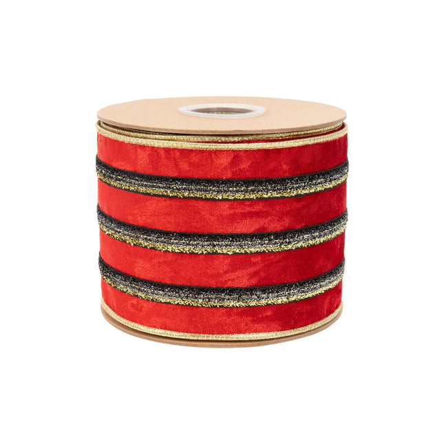 Red velvet wired ribbon accented with glitter black gold trim, 4-inch width for elegant holiday gift bows.