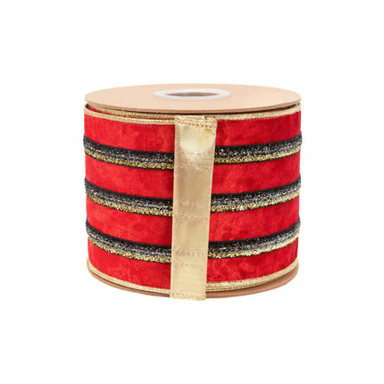 4" wired velvet ribbon featuring red base with black-gold metallic banding and shiny gold backing