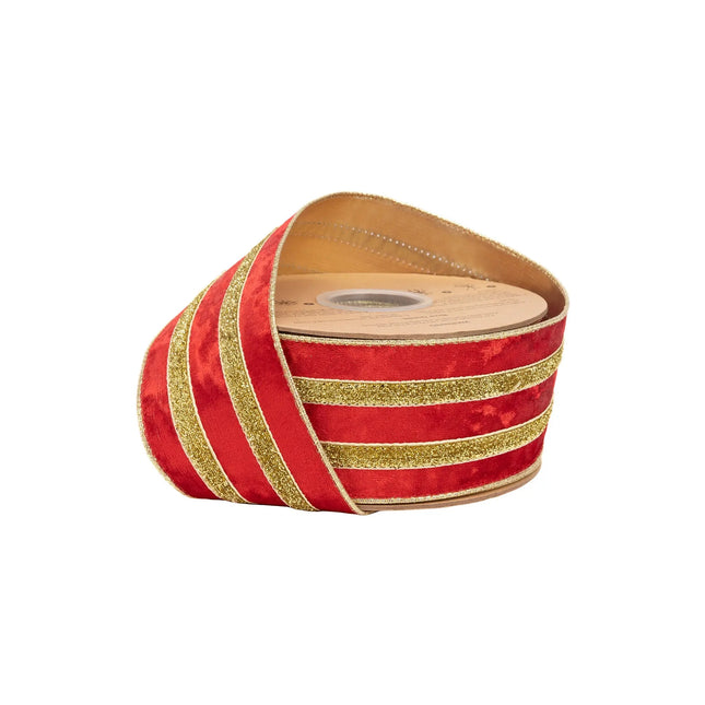 2 1/2" wired red velvet ribbon with glitter gold stripes and gold backing, ideal for Christmas wreath decor.
