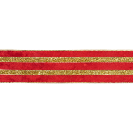 Classic holiday red velvet wired ribbon with gold glitter trim and gold backing for handmade festive ornaments.