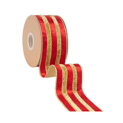 Festive red and gold striped velvet ribbon with gold lining, suited for Christmas tree trimming and home accents.