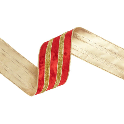 2.5-inch wired red velvet ribbon with metallic gold stripes and gold backing for upscale floral arrangement decor.
