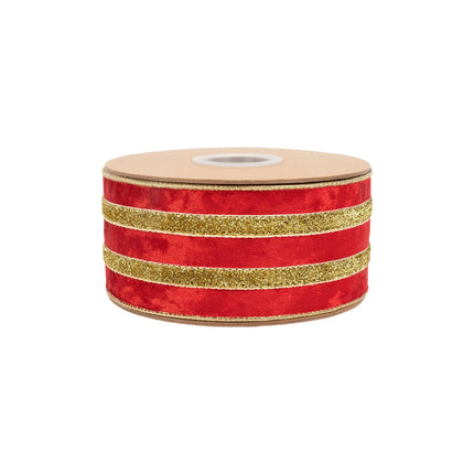 Red velvet wired ribbon with shiny gold metallic trim, 2.5-inch width for luxury holiday gift bows.