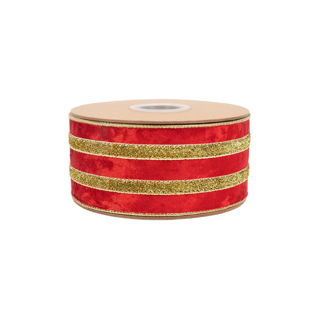 Red velvet wired ribbon with shiny gold metallic trim, 2.5-inch width for luxury holiday gift bows.