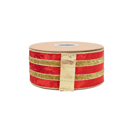 2 1/2" wired velvet ribbon featuring red base with gold glitter banding and gold backing for seasonal DIY crafts.