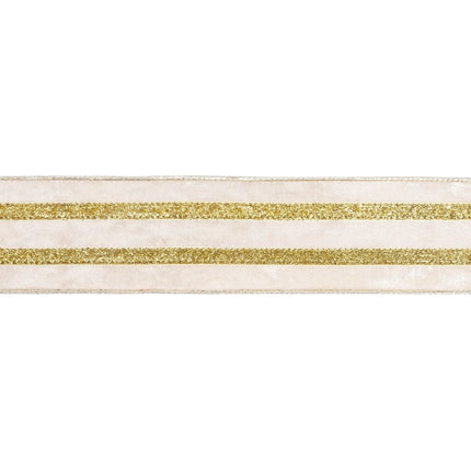 Ivory velvet wired ribbon with bold gold metallic stripes, 2.5-inch size, designed to add a festive shimmer to any arrangement.