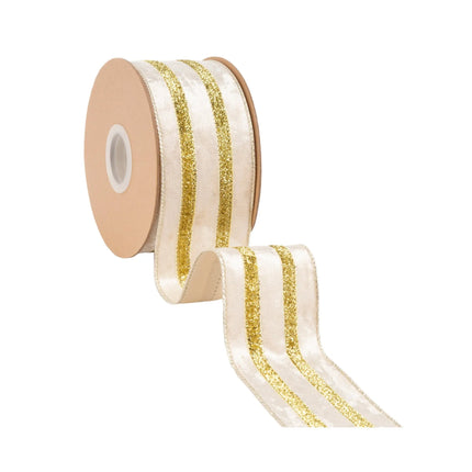 Luxurious ivory velvet ribbon with gold metallic accents, 2.5" wide, perfect for elegant bows and seasonal wreaths.