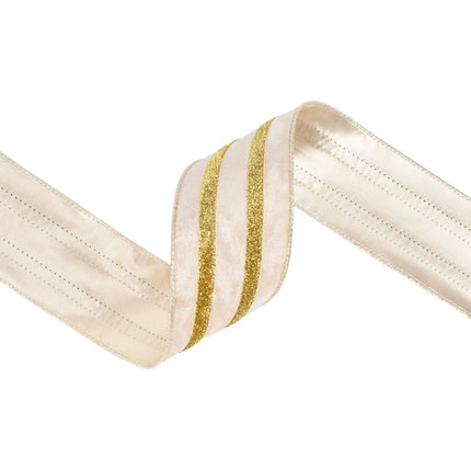 2 1/2" wired velvet ribbon with soft ivory base, eye-catching gold metallic trim, and gold backing for a polished finish.