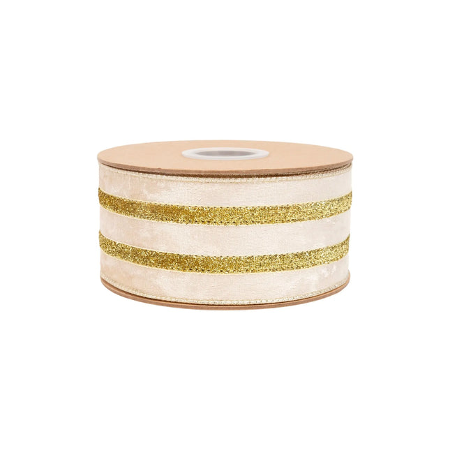 Premium ivory velvet wired ribbon, 2.5-inch width, featuring bold gold metallic trim and a coordinating gold backing.