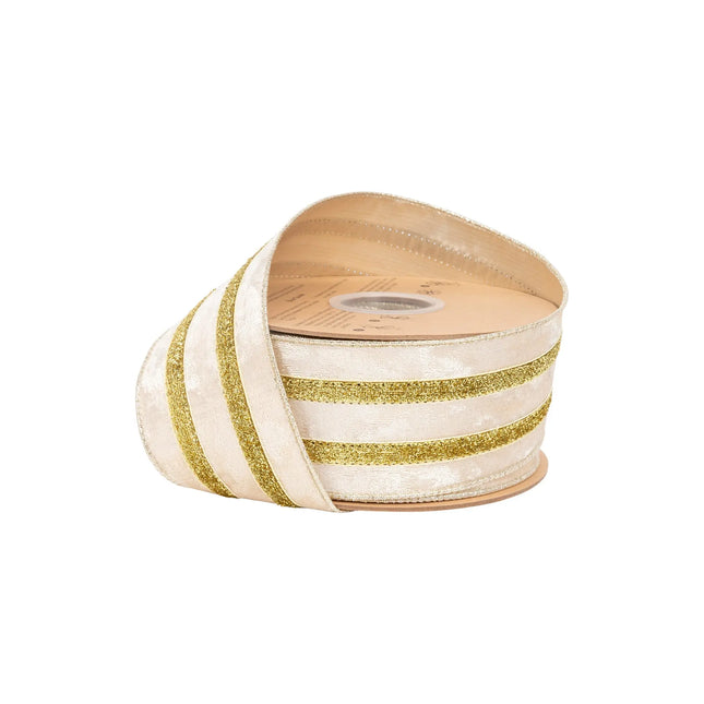 2 1/2" wired velvet ribbon in ivory, with glittering gold metallic stripes and matching gold backing