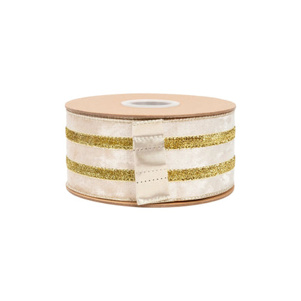 2 1/2-inch wired ribbon with plush ivory velvet, shimmering gold metallic stripes, and a gold backing for versatile crafting.