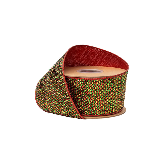 2 1/2" wired ribbon, redâ€‘greenâ€‘gold woven tinsel texture with fused red backing for festive Christmas decor