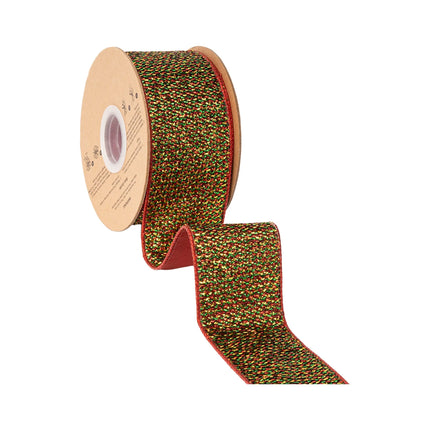 Sparkly seasonal wired ribbon with mixed red green gold tinsel weave, durable fused backing for craft projects
