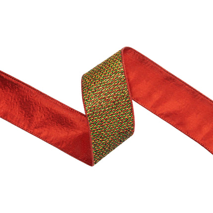wired ribbon with textured woven tinsel design, vibrant red‑green‑gold tones and fused backing for wreaths
