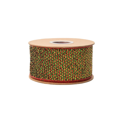 2 1/2" holiday woven tinsel wired ribbon, shimmering red‑green‑gold weave with fused red backing