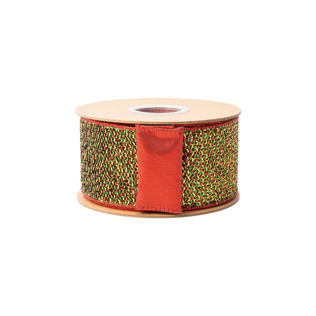 Festive multicolor woven tinsel wired ribbon,  featuring red green gold threads and sturdy fused backing