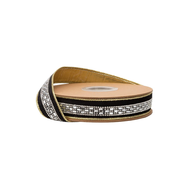 1" reversible wired black velvet ribbon with crystal diamond rhinestone strip and gold shimmer backing
