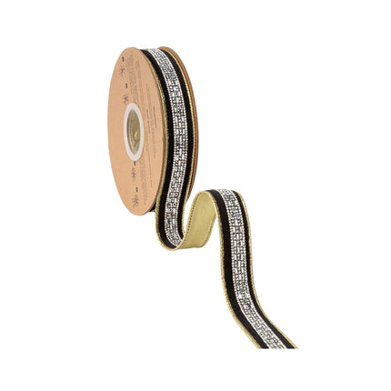 1-inch reversible wired ribbon with crystal diamond accent on black velvet and gold shimmer lining for seasonal embellishments.