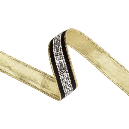 Elegant black velvet ribbon with inlaid diamond rhinestones and gold backing, suited for upscale wreath and ornament projects.