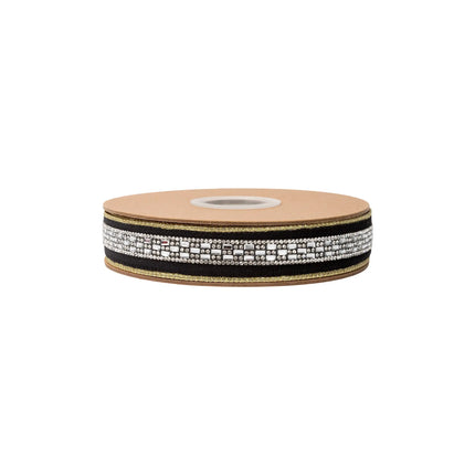 1" two-sided velvet wired ribbon featuring rhinestone diamond trim and gold shimmer reverse for floral DIY crafts.