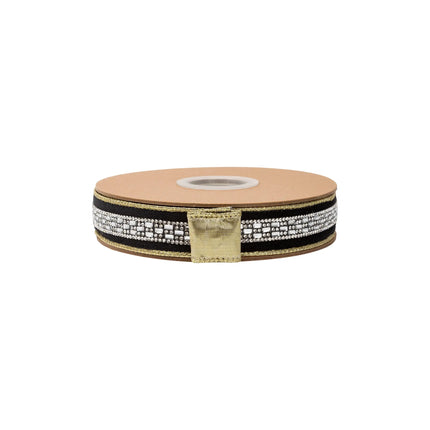 Black velvet wired ribbon with sparkling diamond center detail, 1-inch width perfect for wedding and formal party decor.