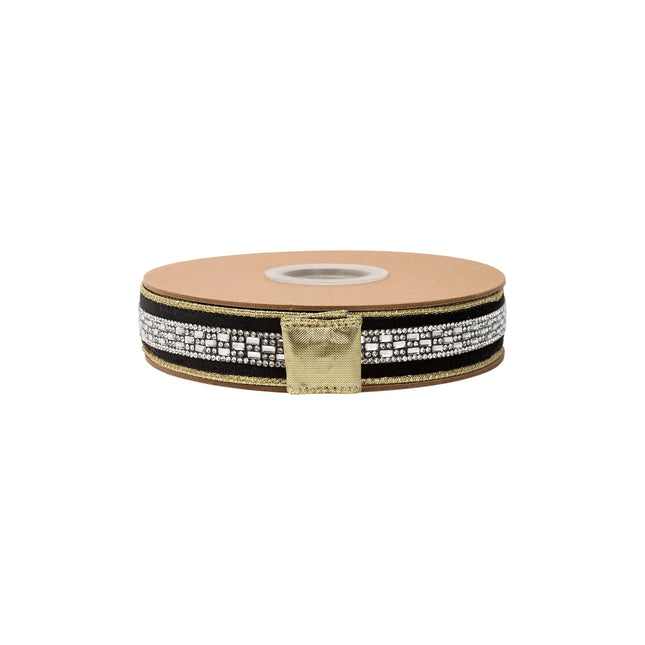 Black velvet wired ribbon with sparkling diamond center detail, 1-inch width perfect for wedding and formal party decor.