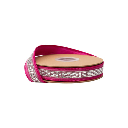 1" reversible wired velvet ribbon in hot pink with crystal diamond rhinestone band and gold shimmer backing