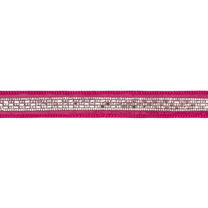 Sparkly rhinestone diamond band pink velvet wired ribbon with gold shimmer backing perfect for custom holiday and formal decorations.