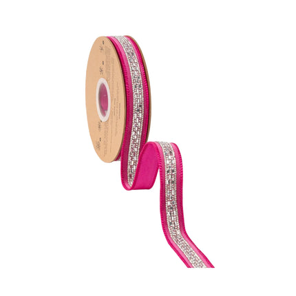 1-inch reversible wired velvet ribbon with crystal diamond stripe detail and gold shimmer inner lining for upscale seasonal embellishment.
