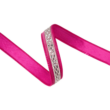 Luxe diamond embellished pink velvet ribbon with gold shimmer backing, suited for festive wreath and hair accessory DIY projects.
