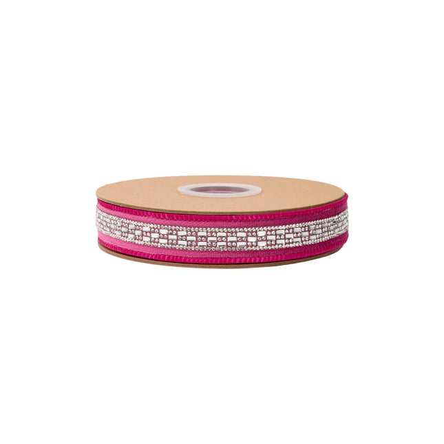 Pink velvet wired ribbon with sparkling diamond center accent, 1-inch width ideal for wedding & party decor crafts.