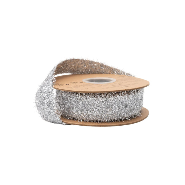 1.3" wired ribbon, shiny silver tinsel fuzzy texture for festive holiday and modern decor