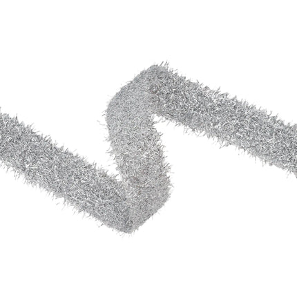 Festive fuzzy wired ribbon featuring bright silver tinsel strands for Christmas and winter styling projects