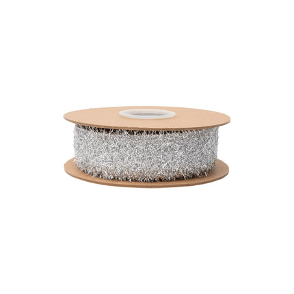 Sparkly silver tinsel wired ribbon, 1.3‑inch width with spiky metallic finish for DIY craft embellishments