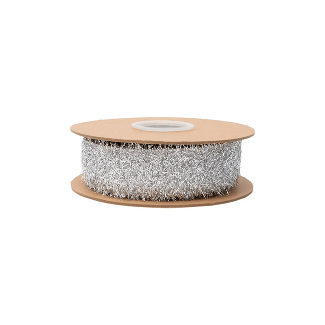 Sparkly silver tinsel wired ribbon, 1.3â€‘inch width with spiky metallic finish for DIY craft embellishments