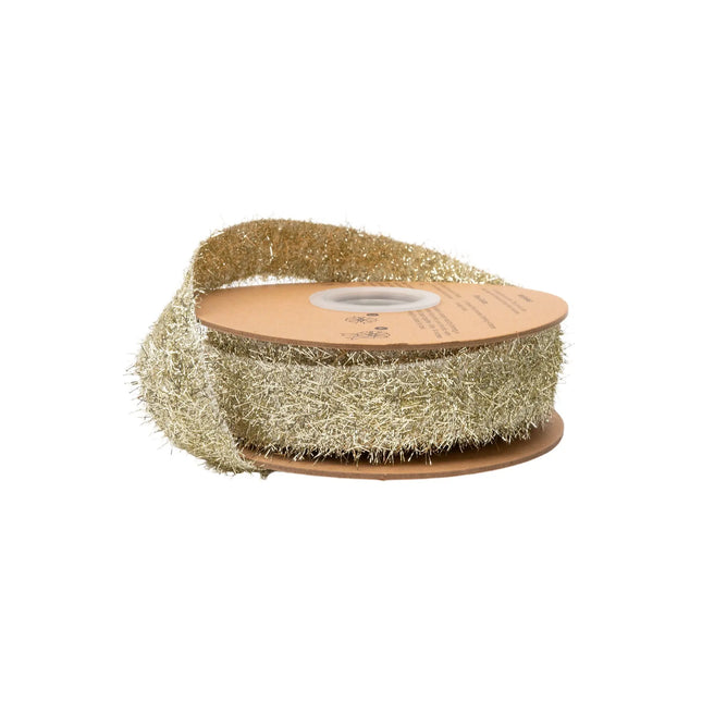 1.3" wired ribbon, shimmering gold tinsel fuzzy texture for festive holiday and glamorous decor