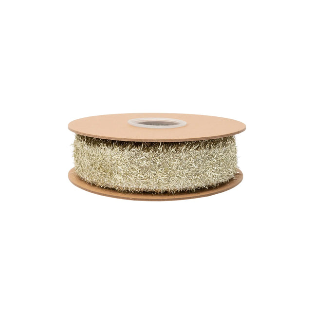 Sparkly gold tinsel wired ribbon, 1.3â€‘inch width with textured spiky metallic finish for DIY crafts