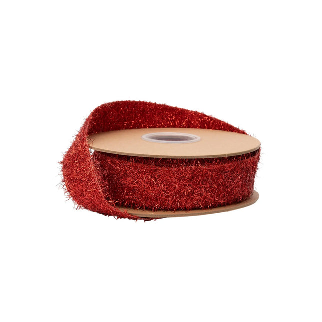 1.3" wired ribbon, vibrant red fuzzy tinsel texture for festive holiday and Christmas decor