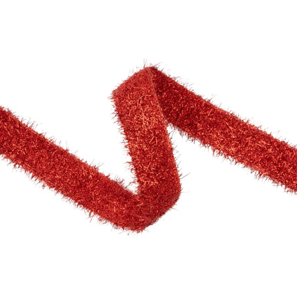 Bright fuzzy wired ribbon featuring shiny red tinsel finish for seasonal home styling and ornament projects
