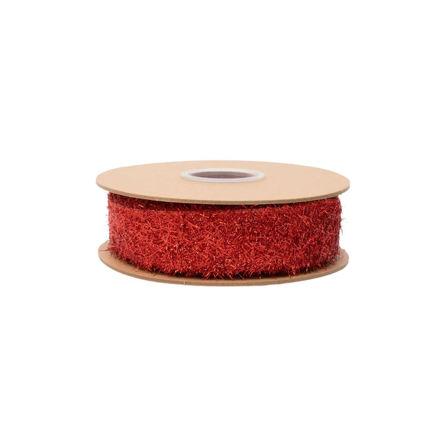 Sparkly red tinsel wired ribbon, 1.3â€‘inch width with spiky metallic strands for DIY craft embellishments