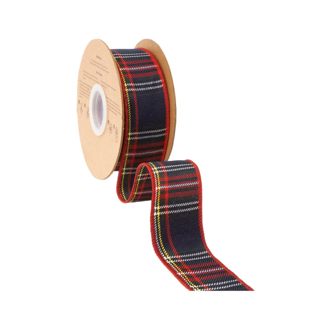 Vintage redâ€‘blue tartan wired ribbon, 1.5â€‘inch width with multicolor stripe detailing for craft accents