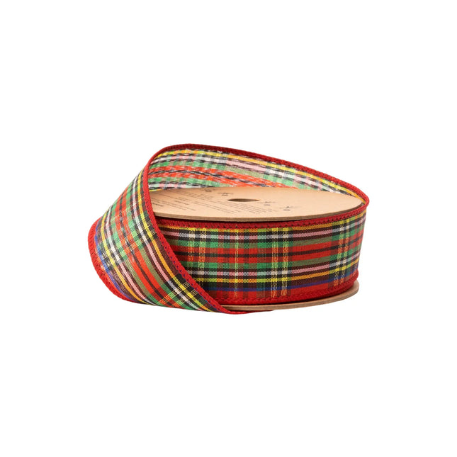 1 1/2" wired ribbon, vibrant redâ€‘blackâ€‘gold plaid pattern for festive Christmas and rustic holiday decor